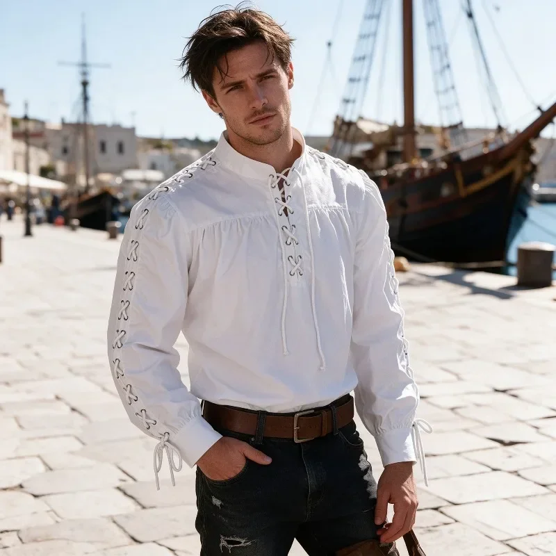 Medieval Gothic Lace Up Pirate Shirt - Camisa Pirata Medieval Masculina de Manga
