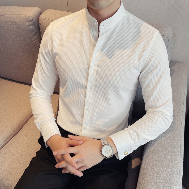 Camisa Masculina de Manga Long - Mandarin Collar Formal Shirt Slim Fit avaliação e preço