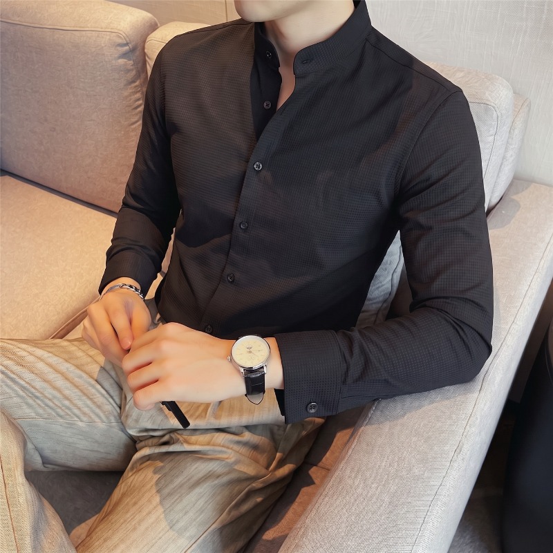 Camisa Masculina de Manga Long - Mandarin Collar Formal Shirt Slim Fit avaliação e preço
